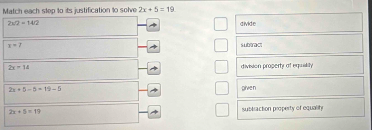 Match each step to its justification to solve 2x+5=19.
2x/2=14/2 divide
x=7 subtract
2x=14 division property of equality
2x+5-5=19-5 given
2x+5=19
subtraction property of equality