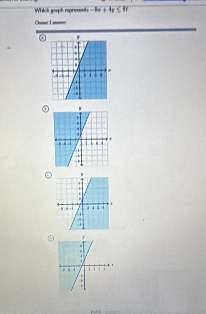 Which graph reprosonts -9x+4y≤ 81
Chanse 1 — 
a