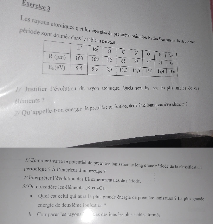 Les rayons atomiques r, et les énergies de première iouisation E, des élième
période sont donnés dans le 
// Justifier l'évolution du rayon atomique. Quels sont les ions les plus stables de ces
éléments ?
2/ Qu'appelle-t-on énergie de première ionisation, deuxième ionisation d'un élément ?
3/ Comment varie le potentiel de première ionisation le long d'une période de la classification
périodique ? À l'intérieur d'un groupe ?
4/ Interpréter l’évolution des Ei expérimentales de période.
5/ On considère les éléments K et 20 Ca.
a. Quel est celui qui aura la plus grande énergie de première ionisation ? La plus grande
énergie de deuxième ionisation ?
b. Comparer les rayons ues des ions les plus stables formés.