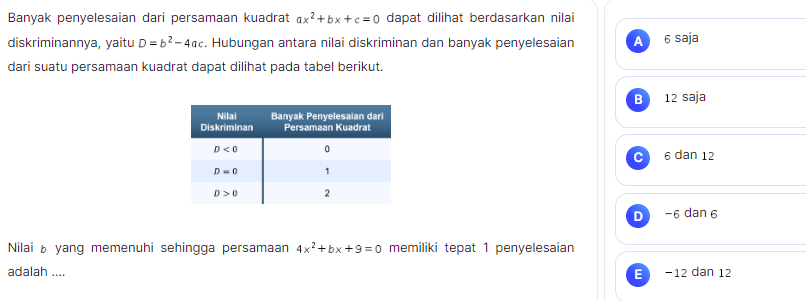 Banyak penyelesaian dari persamaan kuadrat ax^2+bx+c=0 dapat dilihat berdasarkan nilai
diskriminannya, yaitu D=b^2-4ac. Hubungan antara nilai diskriminan dan banyak penyelesaian A 6 saja
dari suatu persamaan kuadrat dapat dilihat pada tabel berikut.
B 12 saja
6 dan 12
D -6 dan 6
Nilai  yang memenuhi sehingga persamaan 4x^2+bx+9=0 memiliki tepat 1 penyelesaian
adalah .... E −12 dan 12