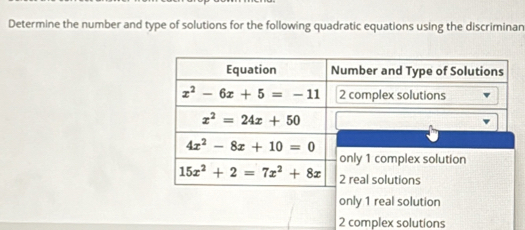 Determine the number and type of solutions for the following quadratic equations using the discriminan
only 1 real solution
2 complex solutions