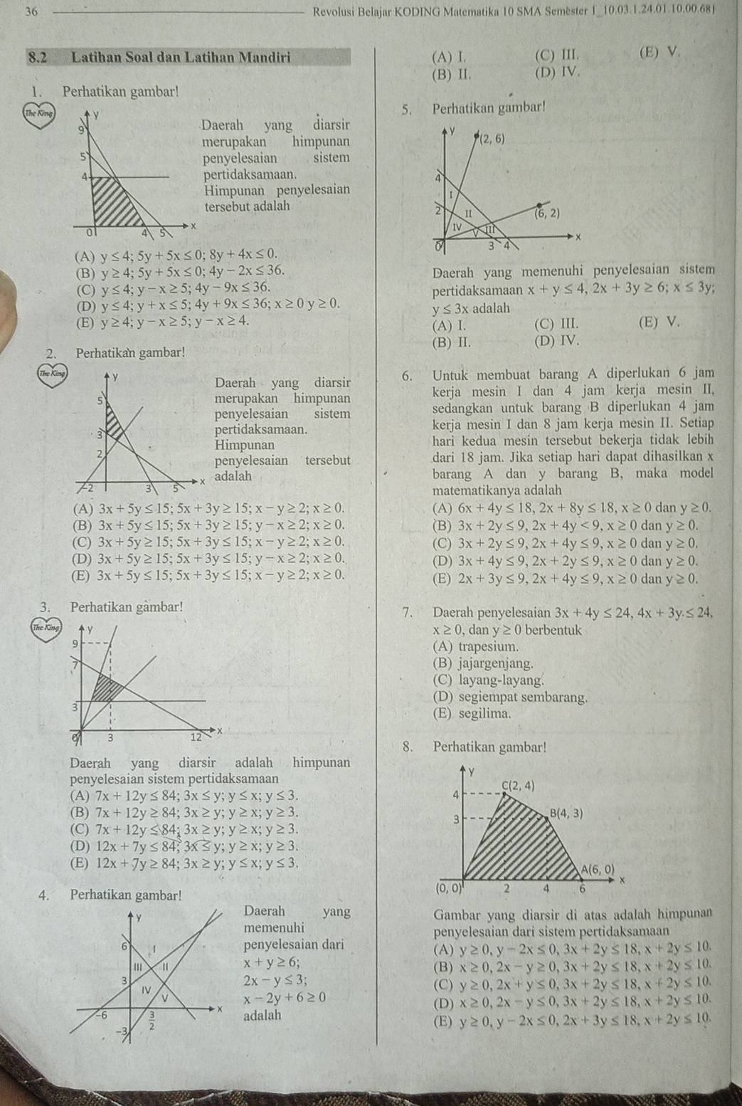 36 _Revolusi Belajar KODING Matematika 10 SMA Semester 1_10.03.1.24.01.10.00.681
8.2 Latihan Soal dan Latihan Mandiri (A) I. (C) III. (E) V.
(B) II. (D) IV.
1. Perhatikan gambar!
The King 5. Perhatikan gambar!
Daerah yang diarsir
merupakan himpunan
penyelesaian sistem
pertidaksamaan.
Himpunan penyelesaian
tersebut adalah
(A) y≤ 4;5y+5x≤ 0;8y+4x≤ 0.
(B) y≥ 4;5y+5x≤ 0;4y-2x≤ 36. Daerah yang memenuhi penyelesaian sistem
(C) y≤ 4;y-x≥ 5;4y-9x≤ 36. pertidaksamaan x+y≤ 4,2x+3y≥ 6;x≤ 3y;
(D) y≤ 4;y+x≤ 5;4y+9x≤ 36;x≥ 0y≥ 0. adalah
y≤ 3x
(E) y≥ 4;y-x≥ 5;y-x≥ 4. (A) I. (C) III. (E) V.
(B) II.
2. Perhatikan gambar! (D) IV.
The King 6. Untuk membuat barang A diperlukan 6 jam
Daerah yang diarsir
merupakan himpunan kerja mesin I dan 4 jam kerja mesin II,
penyelesaian sistem sedangkan untuk barang B diperlukan 4 jam
pertidaksamaan. kerja mesin I dan 8 jam kerja mesin II. Setiap
Himpunan hari kedua mesin tersebut bekerja tidak lebih 
penyelesaian tersebut dari 18 jam. Jika setiap hari dapat dihasilkan x
adalah barang A dan y barang B. maka model
matematikanya adalah
(A) 3x+5y≤ 15;5x+3y≥ 15;x-y≥ 2;x≥ 0. (A) 6x+4y≤ 18,2x+8y≤ 18,x≥ 0 dan y≥ 0.
(B) 3x+5y≤ 15;5x+3y≥ 15;y-x≥ 2;x≥ 0. (B) 3x+2y ≤ 9,2x+4y<9,x≥ 0 dan y≥ 0.
(C) 3x+5y≥ 15;5x+3y≤ 15;x-y≥ 2;x≥ 0. (C) 3x+2y ≤ 9,2x+4y≤ 9,x≥ 0 dan y≥ 0.
(D) 3x+5y≥ 15;5x+3y≤ 15;y-x≥ 2;x≥ 0. (D) 3x+4y≤ 9,2x+2y≤ 9,x≥ 0 dan y≥ 0.
(E) 3x+5y≤ 15;5x+3y≤ 15;x-y≥ 2;x≥ 0. (E) 2x+3y≤ 9,2x+4y≤ 9,x≥ 0 dan y≥ 0.
3. Perhatikan gàmbar! 7. Daerah penyelesaian 3x+4y≤ 24,4x+3y≤ 24,
The King x≥ 0. dan y≥ 0 berbentuk
(A) trapesium.
(B) jajargenjang.
(C) layang-layang.
(D) segiempat sembarang.
(E) segilima.
8. Perhatikan gambar!
Daerah yang diarsir adalah himpunan
penyelesaian sistem pertidaksamaan
(A) 7x+12y≤ 84;3x≤ y;y≤ x;y≤ 3.
(B) 7x+12y≥ 84;3x≥ y;y≥ x;y≥ 3.
(C) 7x+12y≤ 84;3x≥ y;y≥ x;y≥ 3.
(D) 12x+7y≤ 84;3x≤ y;y≥ x;y≥ 3.
(E) 12x+7y≥ 84;3x≥ y;y≤ x;y≤ 3.
4. Perhatikan gambar!
Daerah yang
Gambar yang diarsir di atas adalah himpunan
memenuhi penyelesaian dari sistem pertidaksamaan
penyelesaian dari
(A) y≥ 0,y-2x≤ 0,3x+2y≤ 18,x+2y≤ 10.
x+y≥ 6;
(B) x≥ 0,2x-y≥ 0,3x+2y≤ 18,x+2y≤ 10.
2x-y≤ 3;
(C) y≥ 0,2x+y≤ 0,3x+2y≤ 18,x+2y≤ 10.
x-2y+6≥ 0
(D) x≥ 0,2x-y≤ 0,3x+2y≤ 18,x+2y≤ 10.
adalah
(E) y≥ 0,y-2x≤ 0,2x+3y≤ 18,x+2y≤ 10.