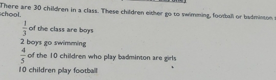 There are 30 children in a class. These children either go to swimming, football or badminton a 
chool.
 1/3  of the class are boys
2 boys go swimming
 4/5  of the 10 children who play badminton are girls
10 children play football