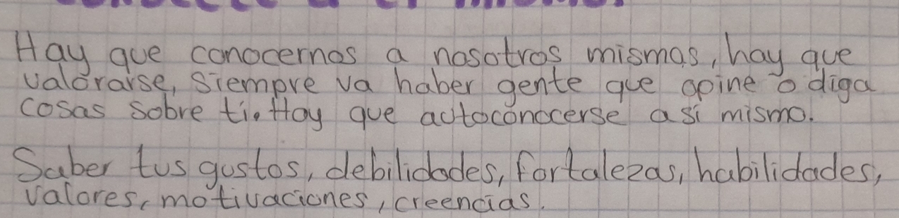 Hay gue conocernes a nosotros mismas, hay gue 
valorarse, siempre va haber gente gue opine o diga 
cosas sobve ti foy gue autoconocerse asi mismo. 
Saber tus gostos, debiliclades, fortalezas, habilidades, 
valores, motivaciones, creencas.