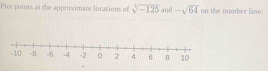 Plot points at the approximate locations of sqrt[3](-125) and -sqrt(64) on the number line.
10