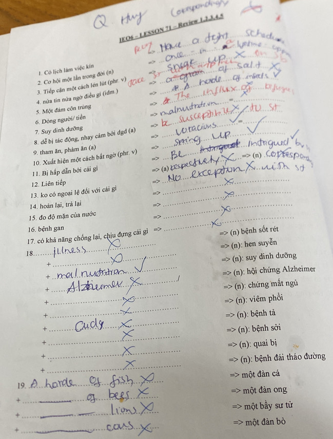 IEO6 - LESSON 71 - Review 1. 2. 3, 4, 5 _
_
_
_
1. Có lịch làm việc kin
_
2. Cơ hội một lần trong đời (n)_
_
_
_
_
3. Tiếp cận một cách lén lút (phr. v)_
4. nửa tin nửa ngờ điều gi (idm.)
=
6. Dòng người/ tiền 5. Một đám côn trùng
_
= > 
_>
_
=
7. Suy dinh dưỡng
8. dễ bị tác động, nhạy cảm bởi dgd (a)_
=>
9. tham ăn, phàm ăn (a)
10. Xuất hiện một cách bắt ngờ (phr. v)_
_
_
_
11. Bị hấp dẫn bởi cái gì
12. Liên tiếp
_
13. ko có ngoại lệ đổi với cái gì_
_
14. hoàn lại, trả lại
15. đo độ mặn của nước
_
16. bệnh gan
_
17. có khả năng chống lại, chịu đựng cái gì =>
* (n) bệnh sốt rét
_×_ (n): hen suyễn
18
_
(n): suy dinh dưỡng
_
+
(n): hội chứng Alzheimer
_
+
(n): chứng mất ngủ
+
+ _(n): viêm phồi
+ _(n): bệnh tả
+ _(n): bệnh sởi
+ _(n): quai bj
+_ (n): bệnh đái tháo đường
_
một đàn cá
19._
_
một đàn ong
_+
_
_
một bầy sư tử
+
một đàn bò
_+