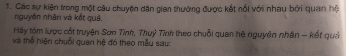 Các sự kiện trong một câu chuyện dân gian thường được kết nối với nhau bởi quan hệ 
nguyên nhân và kết quả. 
Hãy tóm lược cốt truyện Sơn Tinh, Thuỷ Tinh theo chuỗi quan hệ nguyên nhân - kết quả 
và thể hiện chuỗi quan hệ đó theo mẫu sau: