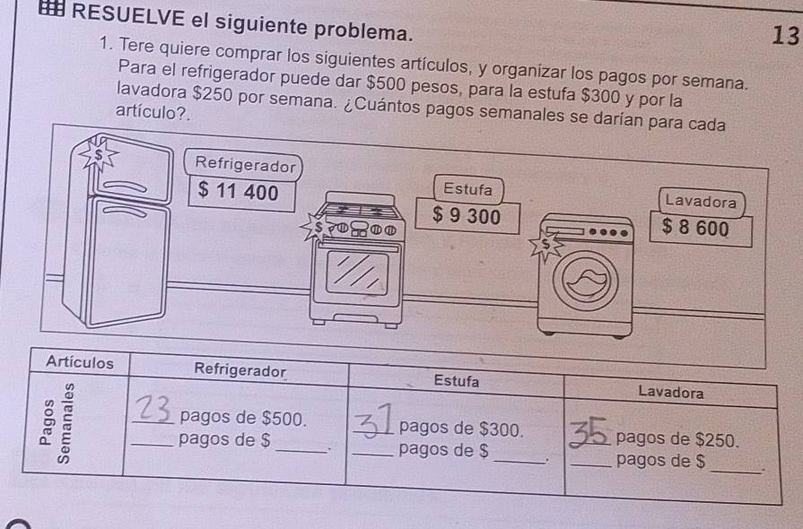 RESUELVE el siguiente problema. 
13 
1. Tere quiere comprar los siguientes artículos, y organizar los pagos por semana. 
Para el refrigerador puede dar $500 pesos, para la estufa $300 y por la 
lavadora $250 por semana. ¿Cuántos pagos semanales se darí 
artículo?. 
Artículos Refrigerador Estufa Lavadora 
pagos de $500. 
ǒ ___pagos de $300. _pagos de $250. 
pagos de $ _. _pagos de $
_、 . _pagos de $ _: