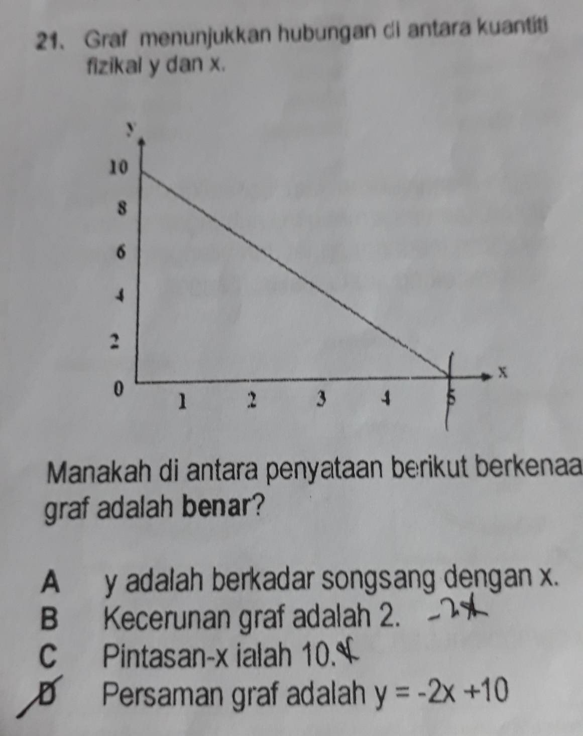 Graf menunjukkan hubungan di antara kuant
fizikal y dan x.
Manakah di antara penyataan berikut berkenaa
graf adalah benar?
A y adalah berkadar songsang dengan x.
B Kecerunan graf adalah 2.
C Pintasan- x ialah 10.
D Persaman graf adalah y=-2x+10