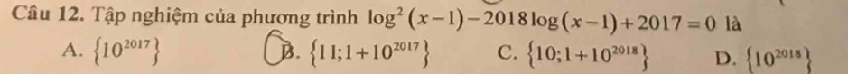 Tập nghiệm của phương trình log^2(x-1)-2018log (x-1)+2017=0 là
A.  10^(2017) B.  11;1+10^(2017) C.  10;1+10^(2018) D.  10^(2018)