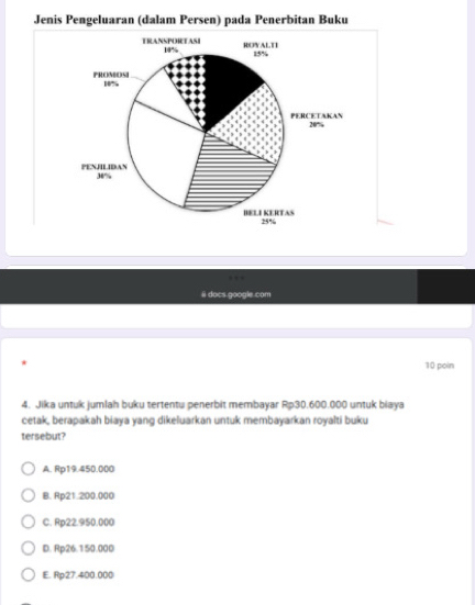 Jenis Pengeluaran (dalam Persen) pada Penerbitan Buku
ii docs google.com
10 poin
4. Jika untuk jumlah buku tertentu penerbit membayar Rp30.600.000 untuk biaya
cetak, berapakah biaya yang dikeluarkan untuk membayarkan royalti buku
tersebut?
A. Rp19.450.000
B. Rp21.200.000
C. Rp22.950.000
D. Rp26.150.000
E. Rp27.400.000