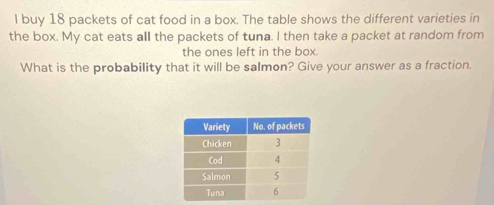 buy 18 packets of cat food in a box. The table shows the different varieties in 
the box. My cat eats all the packets of tuna. I then take a packet at random from 
the ones left in the box. 
What is the probability that it will be salmon? Give your answer as a fraction.