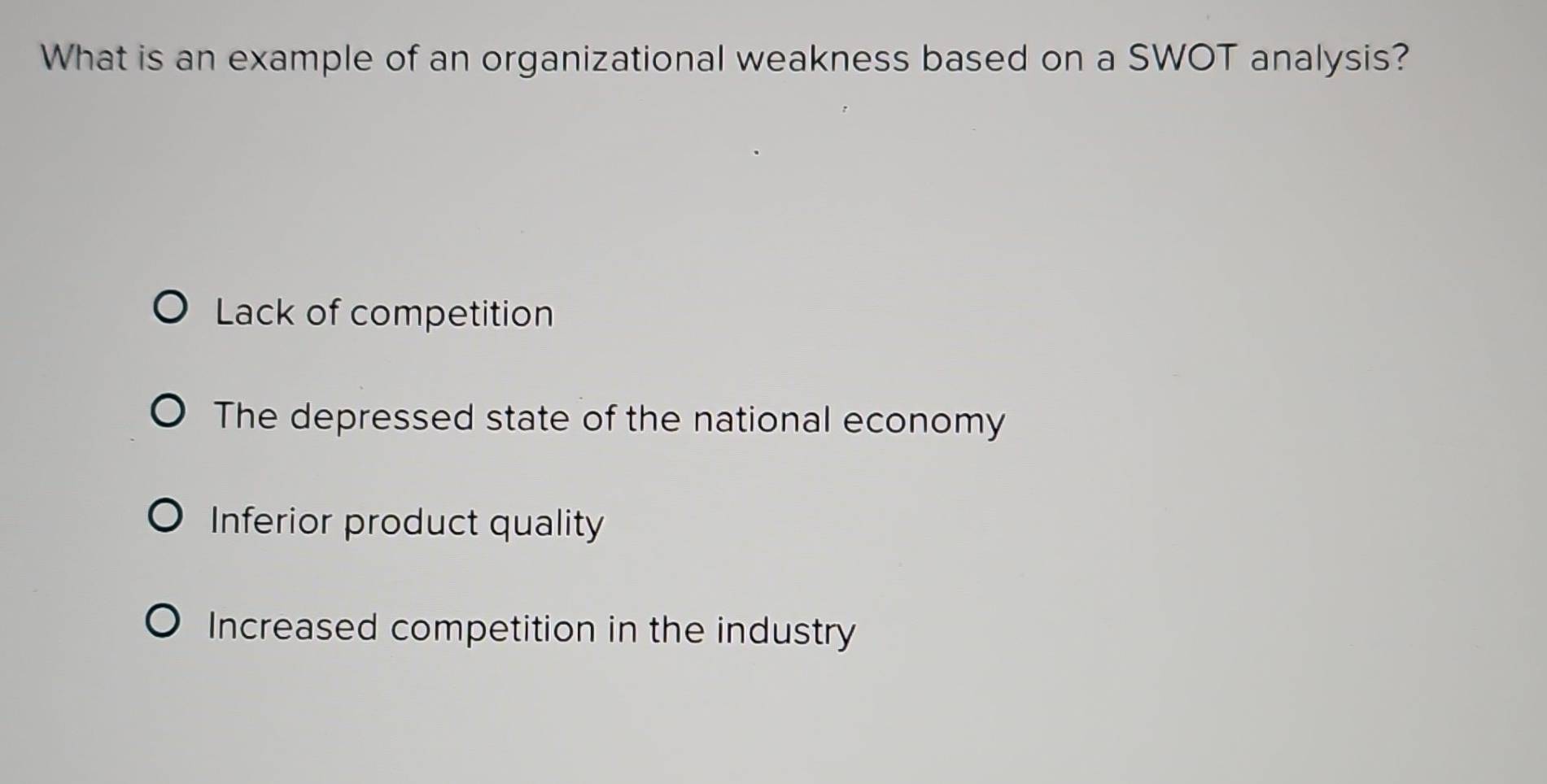Solved: What is an example of an organizational weakness based on a ...