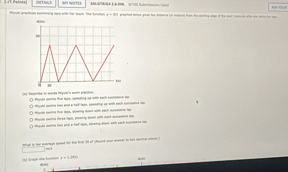 details MY NOTES SALGTRIG4 2.6.098. 0/100 Submissions Used ASK YOUR
Miyuki practices swimming laps with her team. The function y=f(t) graphed below gives her distance (in meters) from the starting edge of the pool t seconds after she starts her laps.
(a) Describe in words Miyuki's swim practice.
) Miyuki swims five laps, speeding up with each successive lap.
Miyuki swims two and a half laps, speeding up with each successive lap.
Młyuki swims five laps, slowing down with each successive lap.
Miyuki swims three laps, slowing down with each successive lap.
Miyuki swims two and a half laps, slowing down with each successive lap.
What is her average speed for the first 30 s? (Round your answer to two decimal places.)
^ m/s
(b) Graph the function y=1.2f(t)
d(m)
d(m)