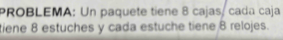 PROBLEMA: Un paquete tiene 8 cajas, cada caja 
tiene 8 estuches y cada estuche tiene 8 relojes.