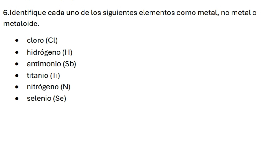 Identifique cada uno de los siguientes elementos como metal, no metal o 
metaloide. 
cloro (Cl) 
hidrógeno (H) 
antimonio (Sb) 
titanio (Ti) 
nitrógeno (N) 
selenio (Se)