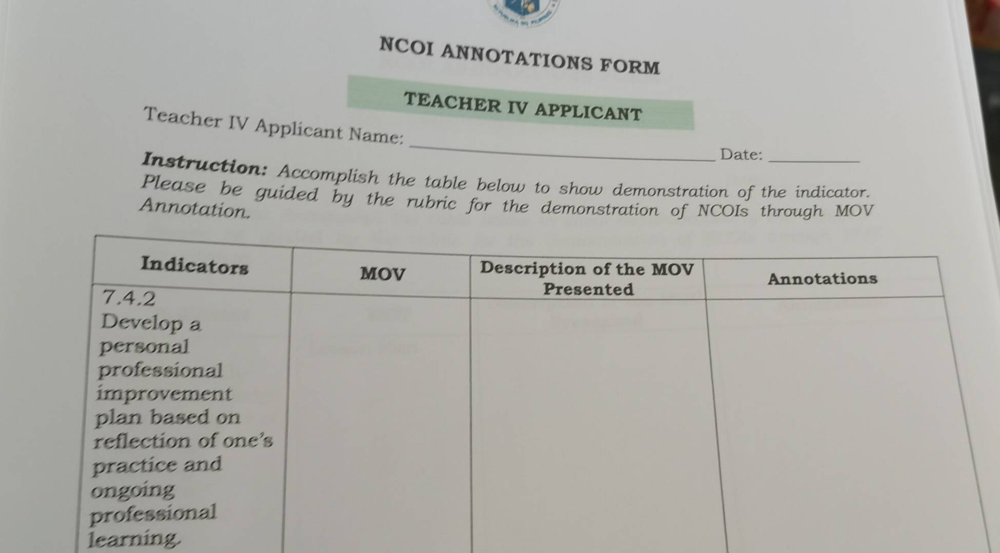Solved: NCOI ANNOTATIONS FORM TEACHER IV APPLICANT _ Teacher IV ...