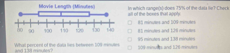 Movie Length (Minutes) In which range(s) does 75% of the data lie? Check
all of the boxes that apply.
81 minutes and 109 minutes
81 minutes and 126 minutes
95 minutes and 138 minutes
What percent of the data lies between 109 minutes 109 minutes and 126 minutes
and 138 minutes?