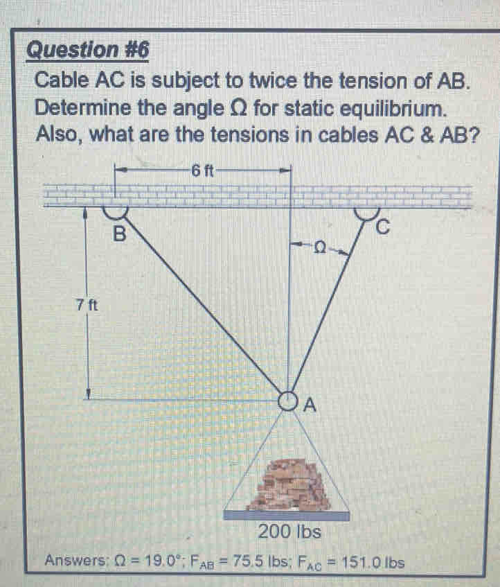 Cable AC is subject to twice the tension of AB. 
Determine the angle Ω for static equilibrium. 
Also, what are the tensions in cables AC & AB? 
Answers: Omega =19.0°; F_AB=75.5 lbs; F_AC=151.0lbs