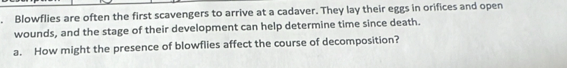 Blowflies are often the first scavengers to arrive at a cadaver. They lay their eggs in orifices and open 
wounds, and the stage of their development can help determine time since death. 
a. How might the presence of blowflies affect the course of decomposition?