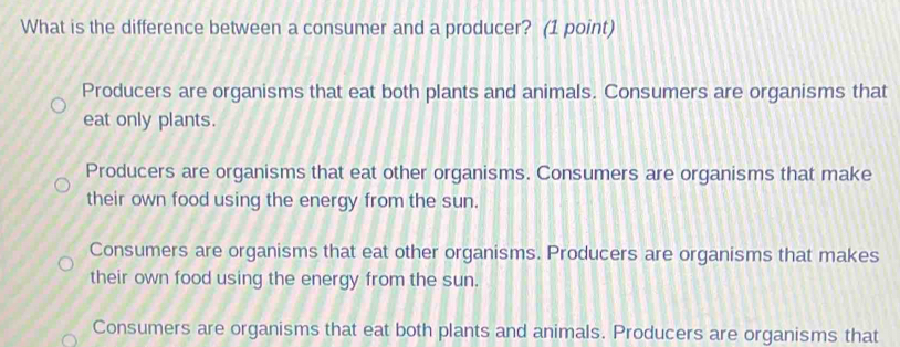 What is the difference between a consumer and a producer? (1 point)
Producers are organisms that eat both plants and animals. Consumers are organisms that
eat only plants.
Producers are organisms that eat other organisms. Consumers are organisms that make
their own food using the energy from the sun.
Consumers are organisms that eat other organisms. Producers are organisms that makes
their own food using the energy from the sun.
Consumers are organisms that eat both plants and animals. Producers are organisms that