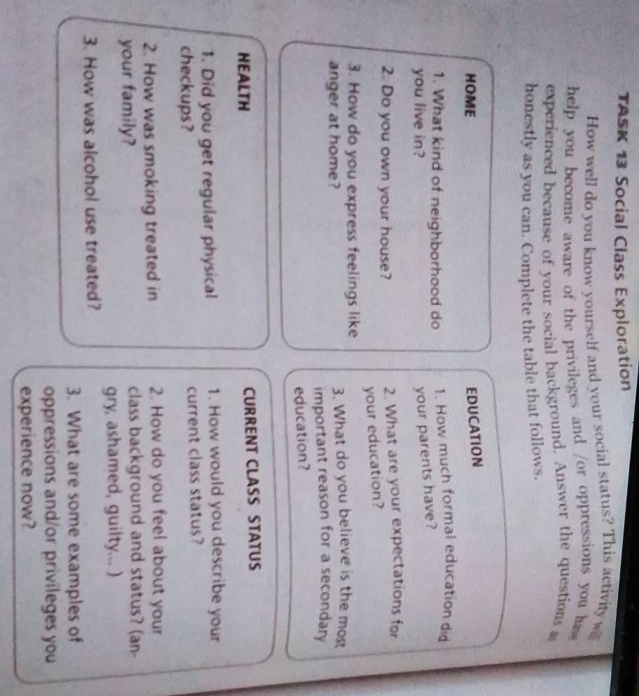 TASK 13 Social Class Exploration 
How well do you know yourself and your social status? This activity willl 
help you become aware of the privileges and /or oppressions you ha 
experienced because of your social background. Answer the questions a 
honestly as you can. Complete the table that follows. 
HOME 
EDUCATION 
1. What kind of neighborhood do 1. How much formal education did 
you live in? 
your parents have? 
2. Do you own your house? 2. What are your expectations for 
your education? 
3. How do you express feelings like 
anger at home? 3. What do you believe is the mos 
important reason for a secondary 
education? 
HEALTH CURRENT CLASS STATUS 
1. Did you get regular physical 1. How would you describe your 
checkups? current class status? 
2. How was smoking treated in 2. How do you feel about your 
your family? class background and status? (an- 
gry, ashamed, guilty... ) 
3. How was alcohol use treated? 
3. What are some examples of 
oppressions and/or privileges you 
experience now?