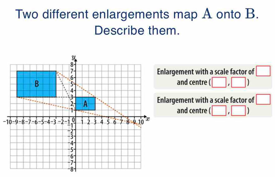 Two different enlargements map A onto B.
Describe them.
largement with a scale factor of □
and centre (□ ,□ )
nlargement with a scale factor of □
and centre (□ ,□ )
-10