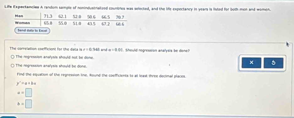 Life Expectancies A random sample of nonindustrialized countries was selected, and the life expectancy in years is listed for both men and women.
Send data to Excel
The correlation coefficient for the data is r=0.948 and alpha =0.01. Should regression analysis be done?
The regression analysis should not be done.
×
The regression analysis should be done.
Find the equation of the regression line. Round the coefficients to at least three decimal places.
y'=a+bx
a=□
b=□