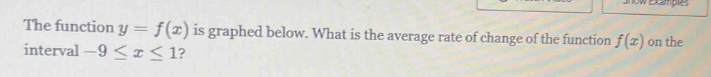 Show Exampies 
The function y=f(x) is graphed below. What is the average rate of change of the function f(x) on the 
interval -9≤ x≤ 1 ?