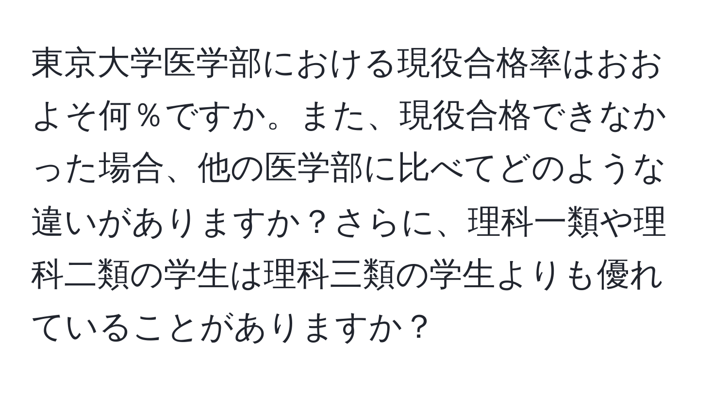 東京大学医学部における現役合格率はおおよそ何％ですか。また、現役合格できなかった場合、他の医学部に比べてどのような違いがありますか？さらに、理科一類や理科二類の学生は理科三類の学生よりも優れていることがありますか？