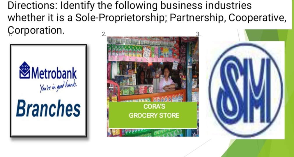 Directions: Identify the following business industries 
whether it is a Sole-Proprietorship; Partnership, Cooperative, 
ÇCorporation. 
Metrobank 
You're in good hands. 
Branches