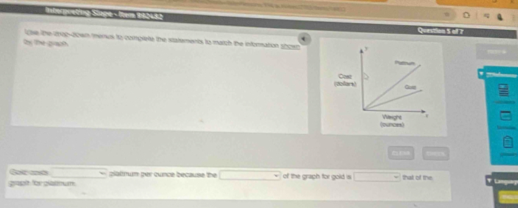 né N × 1tem 902432 
estion 5all 7 
Lse the thop-down terus to complete the statements to match the information sto en 
ty the giagh 
COETS 
Golrcasts plattrum per cunce because the of the graph for gold is 
gapt for glaimum. that of the