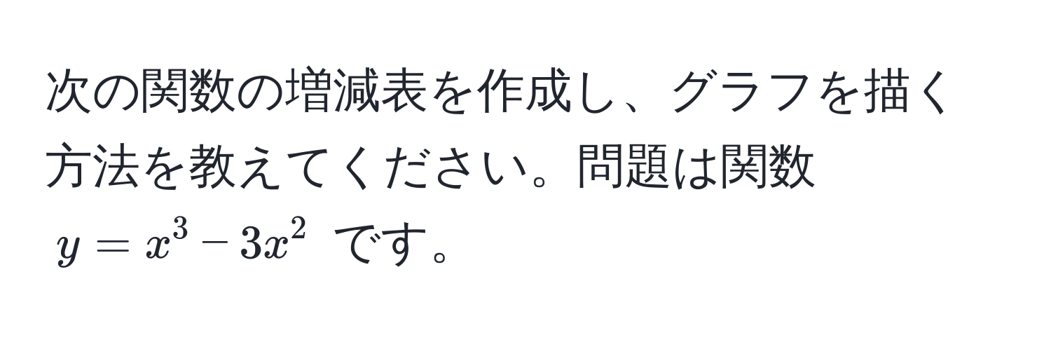 次の関数の増減表を作成し、グラフを描く方法を教えてください。問題は関数 $y = x^3 - 3x^2$ です。