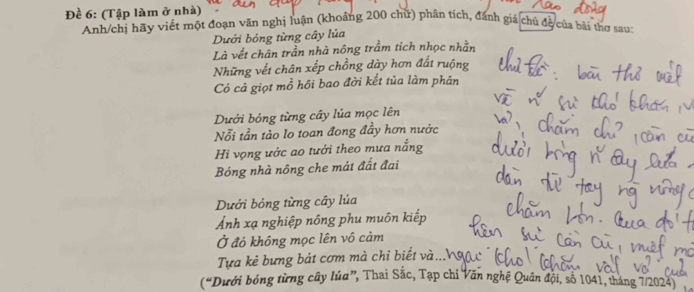 Đề 6: (Tập làm ở nhà) 
Anh/chị hãy viết một đoạn văn nghị luận (khoảng 200 chữ) phân tích, đánh giá chú đề của bài thơ sau: 
Dưới bóng từng cây lúa 
Là vết chân trần nhà nông trầm tích nhọc nhằn 
Những vết chân xếp chồng dày hơn đất ruộng 
Có cả giọt mồ hồi bao đời kết tủa làm phân 
Dưới bóng từng cây lúa mọc lên 
Nỗi tần tảo lo toan đong đầy hơn nước 
Hi vọng ước ao tưới theo mưa nắng 
Bóng nhà nông che mát đất đai 
Dưới bóng từng cây lúa 
Ảnh xạ nghiệp nông phu muồn kiếp 
Ở đó không mọc lên vô cảm 
Tựa kẻ bưng bát cơm mà chỉ biết và... 
(“Dưới bóng từng cây lúa”, Thai Sắc, Tạp chỉ Văn nghệ Quân đội, số 1041, tháng 7/2024)