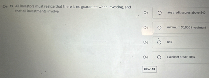 All investors must realize that there is no guarantee when investing, and
that all investments involve any credit scores above 540
minimum $5,000 investment
risk
excellent credit 700 +
Clear All