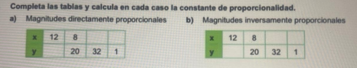 Solved: Completa las tablas y calcula en cada caso la constante de ...