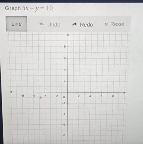 Graph 5x-y=10. 
Line Undo Redo × Reset