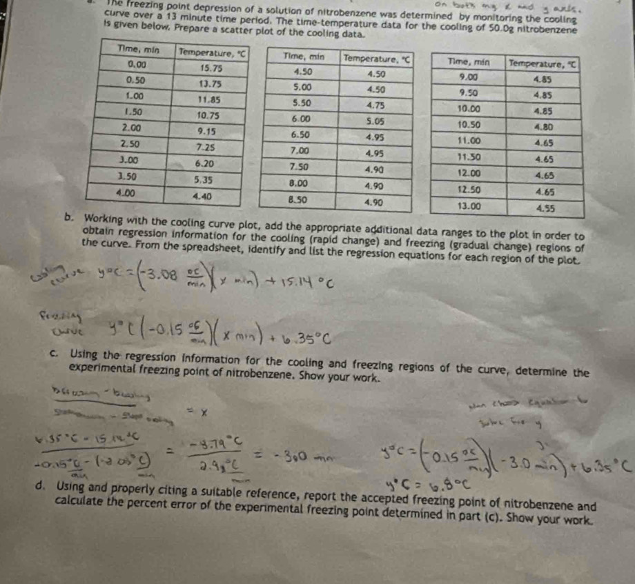 The freezing point depression of a solution of nitrobenzene was determined by monitoring the cooling
curve over a 13 minute time period. The time-temperature data for the cooling of 50.0g nitrobenzene
Is given below, Prepare a scatter plot of the cooling data.
b. Working with the cooling curve plot, add the appropriate additional data ranges to the plot in order to
obtain regression information for the cooling (rapid change) and freezing (gradual change) regions of
the curve. From the spreadsheet, identify and list the regression equations for each region of the plot.
c. Using the regression information for the cooling and freezing regions of the curve, determine the
experimental freezing point of nitrobenzene. Show your work.
d. Using and properly citing a suitable reference, report the accepted freezing point of nitrobenzene and
calculate the percent error of the experimental freezing point determined in part (c). Show your work.