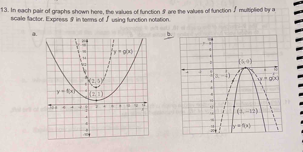 In each pair of graphs shown here, the values of function 9 are the values of function ∫ multiplied by a
scale factor. Express 9 in terms of ∫ using function notation.
a.
b.