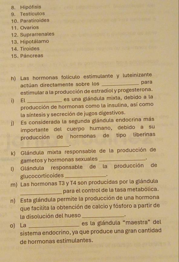 Hipófisis 
9. Testículos 
10. Paratiroides 
11. Ovarios 
12. Suprarrenales 
13. Hipotálamo 
14. Tiroides 
15. Páncreas 
h) Las hormonas folículo estimulante y luteinizante 
actúan directamente sobre los _para 
estimular a la producción de estradiol y progesterona. 
i) El _es una glándula mixta, debido a la 
producción de hormonas como la insulina, así como 
la síntesis y secreción de jugos digestivos. 
j) Es considerada la segunda glándula endocrina más 
importante del cuerpo humano, debido a su 
producción de hormonas de tipo liberinas 
_. 
k) Glándula mixta responsable de la producción de 
gametos y hormonas sexuales_ 
l) Glándula responsable de la producción de 
glucocorticoides_ 
. 
m) Las hormonas T3 y T4 son producidas por la glándula 
_para el control de la tasa metabólica. 
n) Esta glándula permite la producción de una hormona 
que facilita la obtención de calcio y fósforo a partir de 
la disolución del hueso_ 
. 
o) La _es la glándula “maestra” del 
sistema endocrino, ya que produce una gran cantidad 
de hormonas estimulantes.