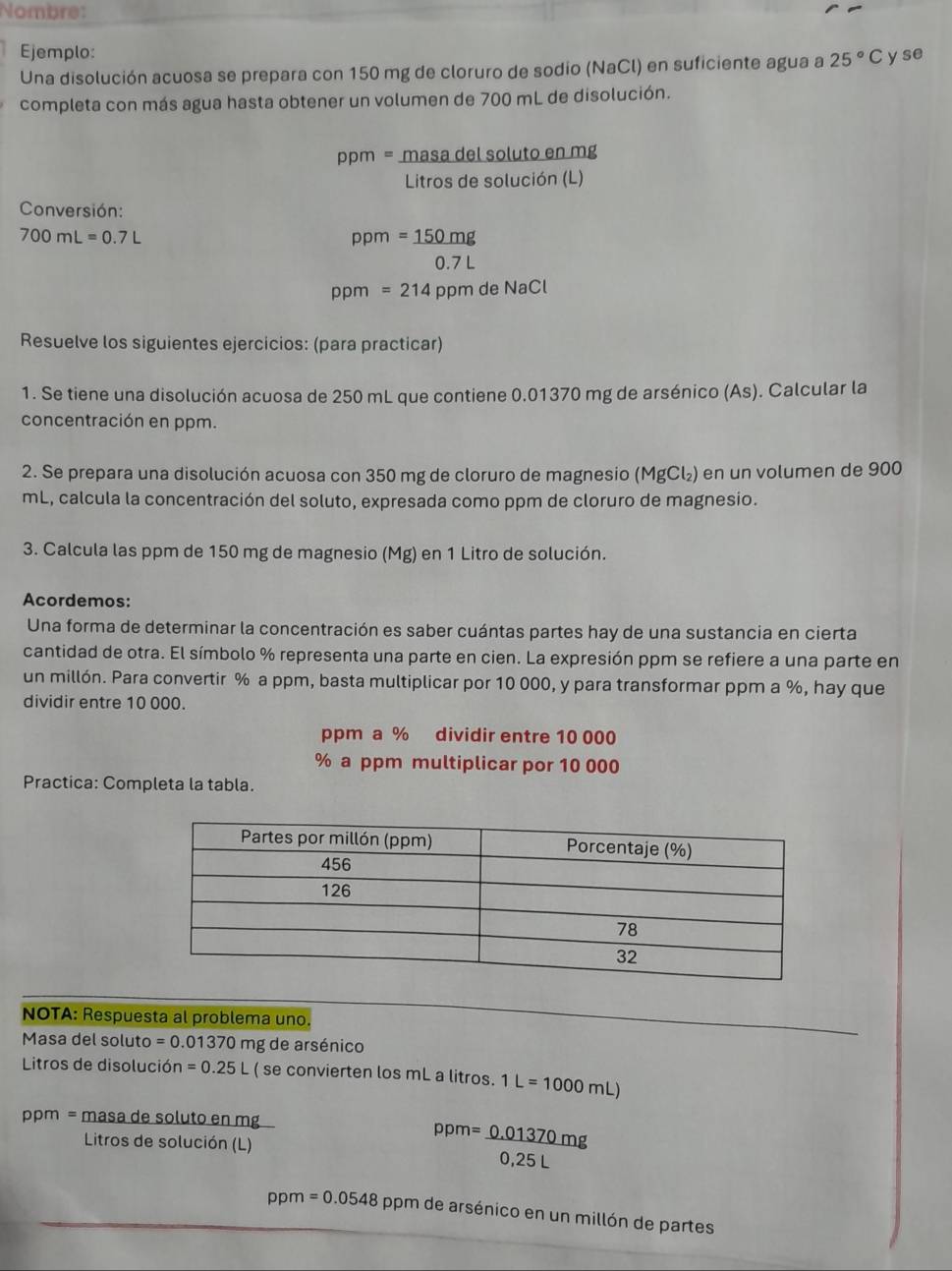 Nombre:
Ejemplo:
Una disolución acuosa se prepara con 150 mg de cloruro de sodio (NaCl) en suficiente agua a 25°C y se
completa con más agua hasta obtener un volumen de 700 mL de disolución.
ppm=_ masadelsolutoenmg
Litros de solución (L)
Conversión:
700mL=0.7L
ppm =_ 150mg
0.7 L
ppm =214 pp m de NaCl
Resuelve los siguientes ejercicios: (para practicar)
1. Se tiene una disolución acuosa de 250 mL que contiene 0.01370 mg de arsénico (As). Calcular la
concentración en ppm.
2. Se prepara una disolución acuosa con 350 mg de cloruro de magnesio (MgCl₂) en un volumen de 900
mL, calcula la concentración del soluto, expresada como ppm de cloruro de magnesio.
3. Calcula las ppm de 150 mg de magnesio (Mg) en 1 Litro de solución.
Acordemos:
Una forma de determinar la concentración es saber cuántas partes hay de una sustancia en cierta
cantidad de otra. El símbolo % representa una parte en cien. La expresión ppm se refiere a una parte en
un millón. Para convertir % a ppm, basta multiplicar por 10 000, y para transformar ppm a %, hay que
dividir entre 10 000.
ppm a % dividir entre 10 000
% a ppm multiplicar por 10 000
Practica: Completa la tabla.
_
NOTA: Respuesta al problema uno.
Masa del soluto =0.01370 0 mg de arsénico
Litros de disolución =0.25L ( se convierten los mL a litros. 1L=1000mL)
ppm=mas a de soluto en mg
ppm=_ 0.01370mg
Litros de solución (L) 0,25 L
ppm=0.0548ppm de arsénico en un millón de partes