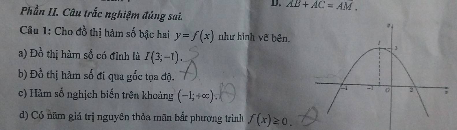 AB+AC=AM. 
Phần II. Câu trắc nghiệm đúng sai. 
Câu 1: Cho đồ thị hàm số bậc hai y=f(x) như hình vẽ bên. 
a) Đồ thị hàm số có đỉnh là I(3;-1). 
b) Đồ thị hàm số đi qua gốc tọa độ. 
c) Hàm số nghịch biến trên khoảng (-1;+∈fty ). 
d) Có năm giá trị nguyên thỏa mãn bất phương trình f(x)≥ 0.