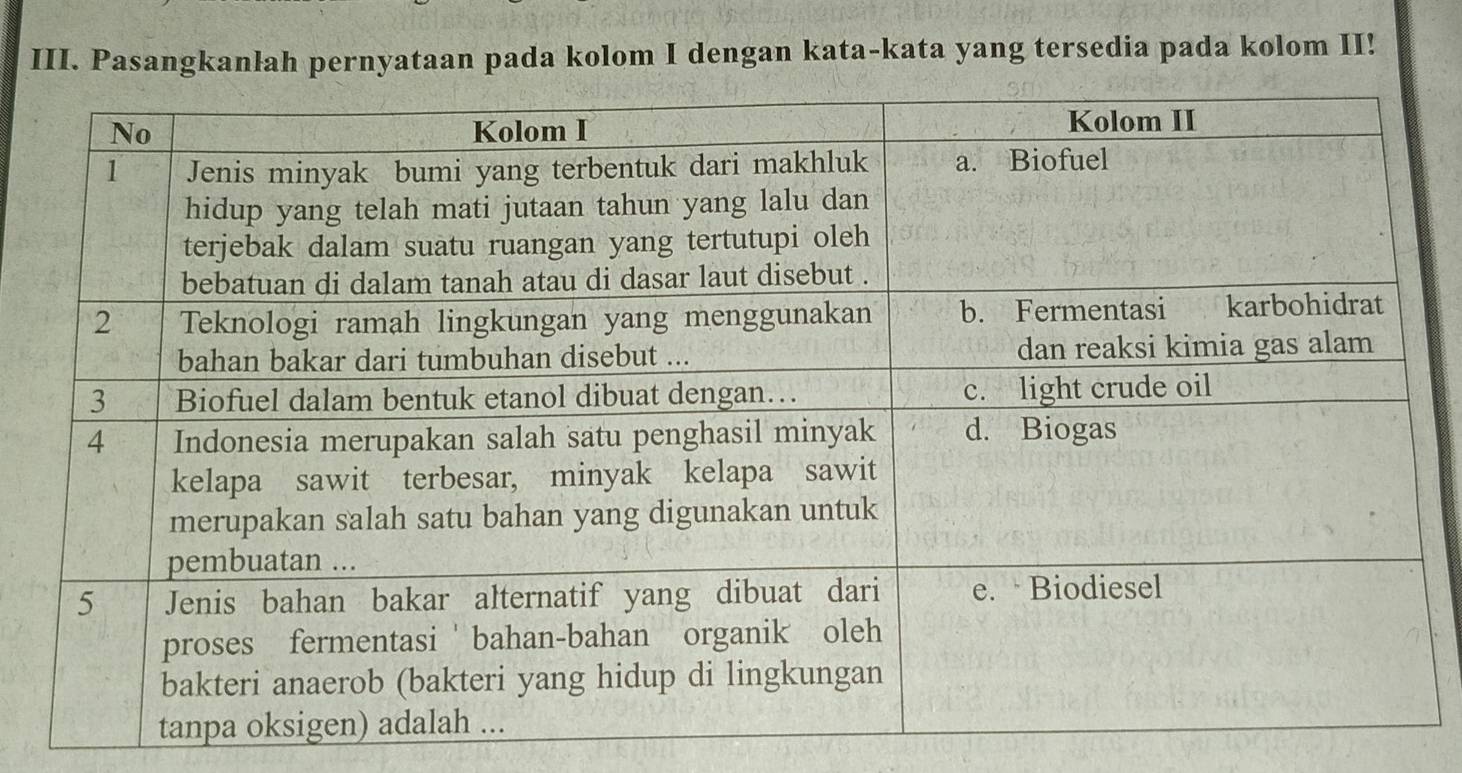 Pasangkanlah pernyataan pada kolom I dengan kata-kata yang tersedia pada kolom II!