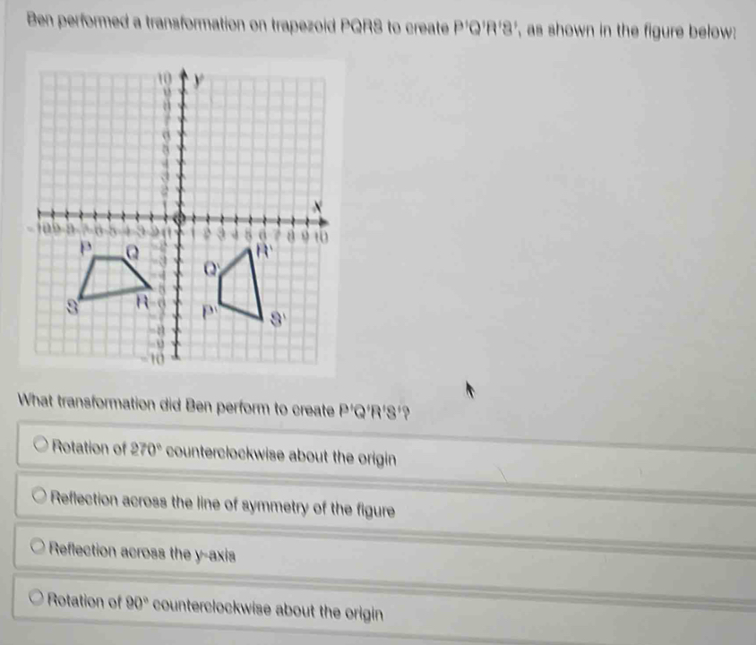 Ben performed a transformation on trapezoid PQRS to create P'Q' R'S', as shown in the figure below:
What transformation did Ben perform to create P'Q R'S'
Rotation of 270° counterclockwise about the origin
Reflection across the line of symmetry of the figure
Reflection across the y-axis
Rotation of 90° counterclockwise about the origin