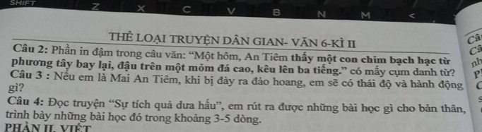 SHIFT 
X 
B N M 
THÊ LOẠI TRUYỆN DÂN GIAN- VăN 6 -KÌ II 
Câ 
C 
Câu 2: Phần in đậm trong câu văn: “Một hôm, An Tiêm thấy một con chim bạch hạc từ nh 
phương tây bay lại, đậu trên một môm đá cao, kêu lên ba tiếng.” có mấy cụm danh từ? P 
Câu 3 : Nếu em là Mai An Tiêm, khi bị đày ra đảo hoang, em sẽ có thái độ và hành động C 
gì? 
Câu 4: Đọc truyện “Sự tích quả dưa hấu”, em rút ra được những bài học gì cho bản thân, 
trình bày những bài học đó trong khoảng 3-5 dòng. 
phản 1 viết