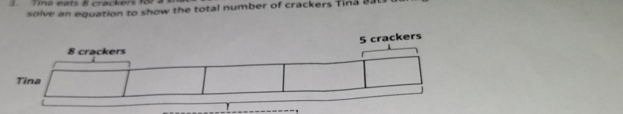 Tina eats B crackers for a 
solve an equation to show the total number of crackers Tina ea