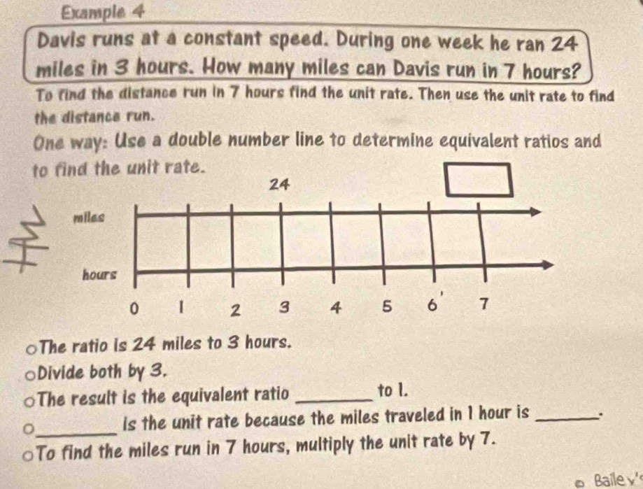 Example 4 
Davis runs at a constant speed. During one week he ran 24
miles in 3 hours. How many miles can Davis run in 7 hours? 
To find the distance run in 7 hours find the unit rate. Then use the unit rate to find 
the distance run. 
One way: Use a double number line to determine equivalent ratios and 
to find the unit rate.
24
miles
hours
0 1 2 3 4 5 6 ' 7
○The ratio is 24 miles to 3 hours. 
Divide both by 3. 
The result is the equivalent ratio _to 1. 
_ 
is the unit rate because the miles traveled in 1 hour is _: 
To find the miles run in 7 hours, multiply the unit rate by 7. 
Bailey'