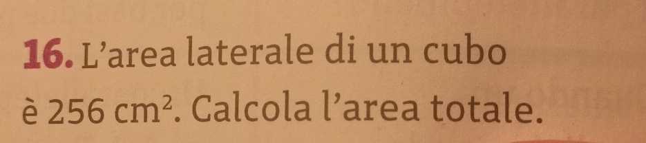 L’area laterale di un cubo 
è 256cm^2. Calcola l’area totale.