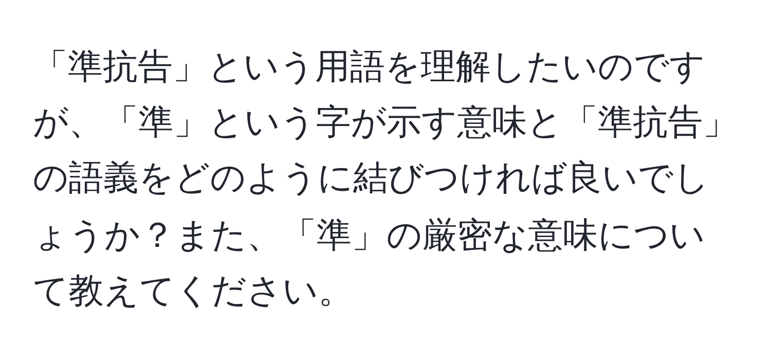 「準抗告」という用語を理解したいのですが、「準」という字が示す意味と「準抗告」の語義をどのように結びつければ良いでしょうか？また、「準」の厳密な意味について教えてください。