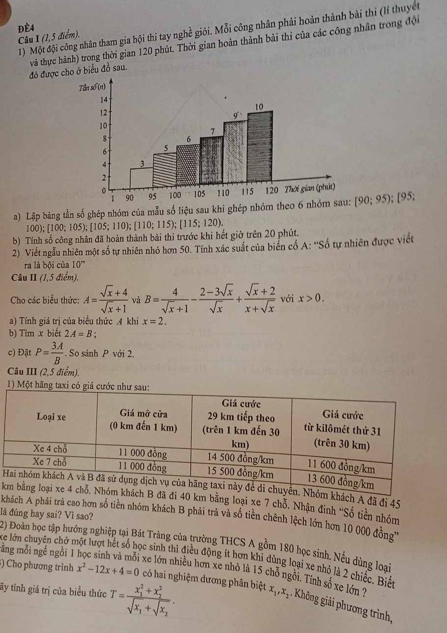 ĐÈ4
1) Một đội công nhân tham gia hội thi tay nghề giỏi. Mỗi công nhân phải hoàn thành bài thị (lí thuyết
Câu I (1,5 điểm).
và thực hành) trong thời gian 120 phút. Thời gian hoàn thành bài thi của các công nhân trong đội
đó được cho ở biểu đồ sau.
a) Lập bảng tần số ghép nhóm của mẫu số liệu sau khi ghép nhóm theo 6 n [90;95); [95;
100);[100;105);[105;110);[110;115);[115;120).
b) Tính số công nhân đã hoàn thành bài thi trước khi hết giờ trên 20 phút.
2) Viết ngẫu nhiên một số tự nhiên nhỏ hơn 50. Tính xác suất của biên cổ A: ''Số tự nhiên được viết
ra là bội của 10''
Câu II (1,5 điểm).
Cho các biểu thức: A= (sqrt(x)+4)/sqrt(x)+1  và B= 4/sqrt(x)+1 - (2-3sqrt(x))/sqrt(x) + (sqrt(x)+2)/x+sqrt(x)  với x>0.
a) Tính giá trị của biểu thức 4 khi x=2.
b) Tim x biết 2A=B.
c) Đặt P= 3A/B . So sánh P với 2.
Câu III (2,5 điểm).
1) Một hãng taxi có giá cước như
Hm khách A đã đi 45
kđã đi 40 km bằng loại xe 7 chỗ. Nhận đinh “Số tiền nhóm
là đúng hay sai? Vì sao?
khách Á phải trả cao hơn số tiền nhóm khách B phải trả và số tiền chênh lệch lớn hơn 10 000 đồng''
2) Đoàn học tập hướng nghiệp tại Bát Tràng của trường THCS A gồm 180 học sinh. Nếu dùng loại
ằng mỗi ngế ngồi 1
ke lớn chuyên chở một lượt hết số học sinh thì điều động ít hơn khi dùng loại xe nhỏ là 2 chiếc. Biết
xe lớn nhiều hơn xe nhỏ là 15 chỗ ngồi. Tính số xe lớn ?
tãy tính giá trị của biểu thức T=frac (x_1)^2+x_2^2sqrt(x_1)+sqrt(x_2).
) Cho phương trình x^2-12x+4=0 có hai nghiệm dương phân biệt x_1,x_2. Không giải phương trình,